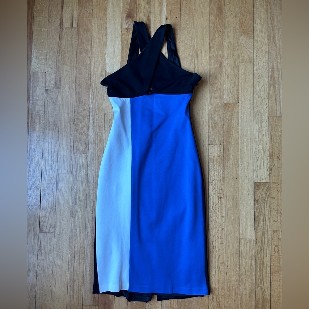 Bebe fitted black blue and white color block dress